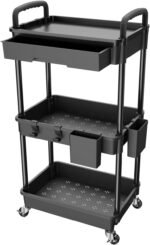 3 Tier Rolling Utility Cart with Drawer, Utility Cart Made of Multifunctional Storage Organizer Tool for Kitchen,Bathroom,Living Room,Office(Black)
