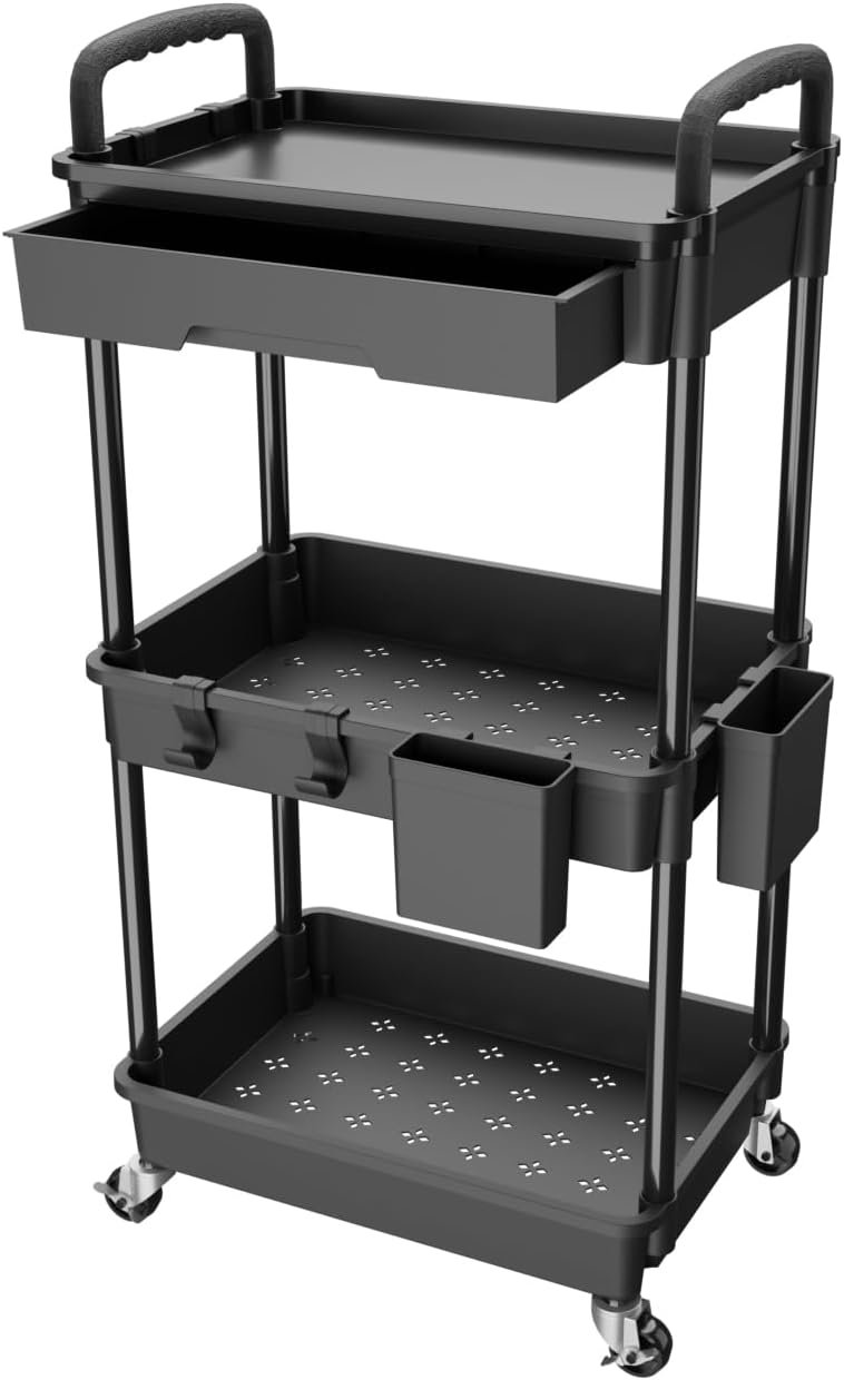 51bic60C6TL._AC_SL1500_.jpg 3 Tier Rolling Utility Cart with Drawer, Utility Cart Made of Multifunctional Storage Organizer Tool for Kitchen,Bathroom,Living Room,Office(Black) - Image 1