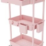 3 Tier Rolling Utility Cart with Drawer,Storage Cart,Rolling Cart for Kitchen,Bathroom,Living Room,Storage Organizer with Iron Wheels（Pink