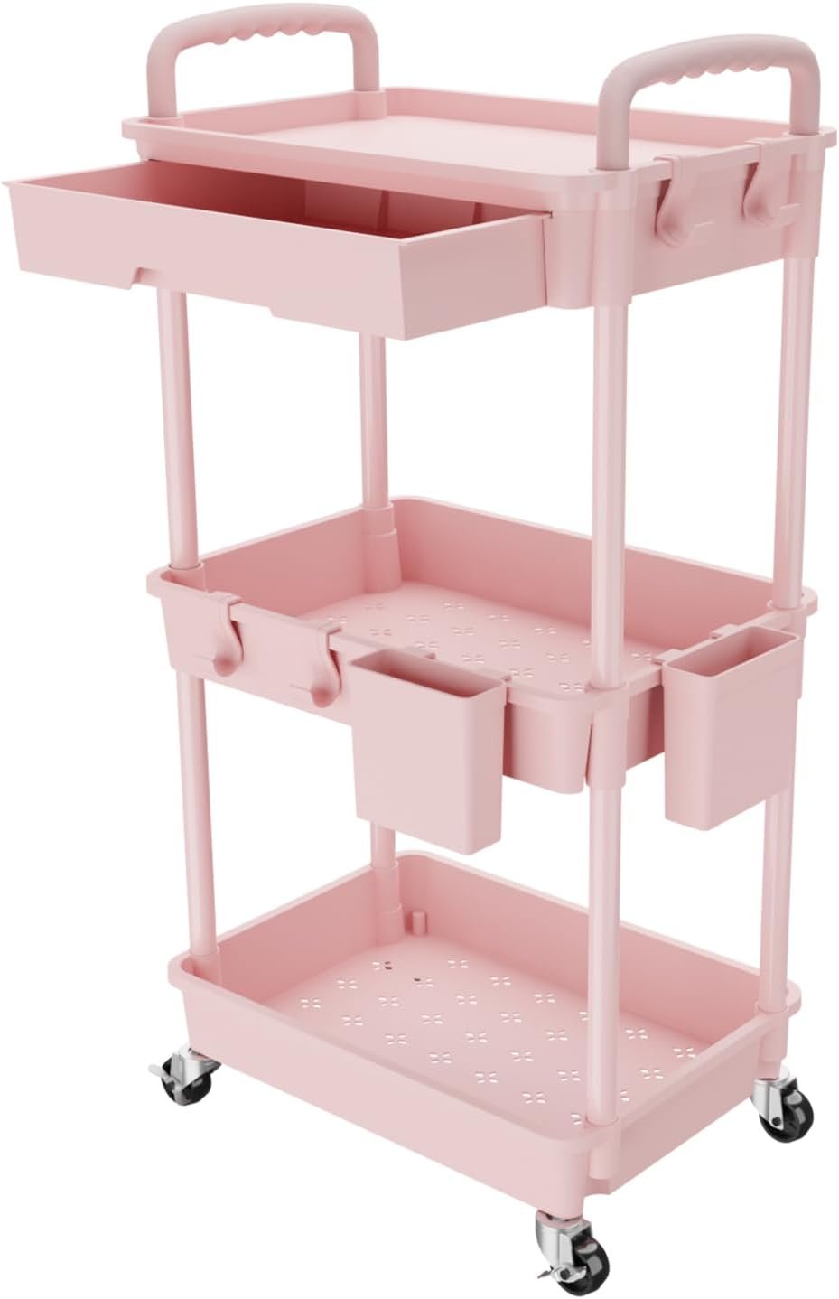 51koelStd4L._AC_SL1500_.jpg 3 Tier Rolling Utility Cart with Drawer,Storage Cart,Rolling Cart for Kitchen,Bathroom,Living Room,Storage Organizer with Iron Wheels(Pink - Image 1