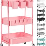 3 Tier Metal Rolling Cart with Lockable Wheels and Handle, Three Tiered Pink Trolley Cart on Wheels, Utility Storage Organizer for Bathroom, Kitchen, Teachers, Art, Crafts, Baby Diaper, Snack, Nail