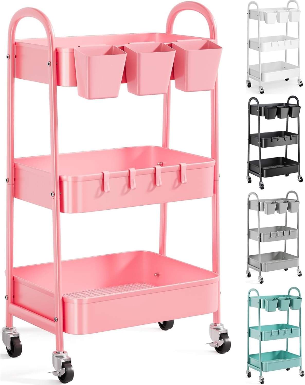 615nacM7ffL._AC_SL1500_.jpg 3 Tier Metal Rolling Cart with Lockable Wheels and Handle, Three Tiered Pink Trolley Cart on Wheels, Utility Storage Organizer for Bathroom, Kitchen, Teachers, Art, Crafts, Baby Diaper, Snack, Nail - Image 1