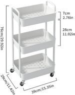 3-Tier Plastic Rolling Utility Cart with Handle, Multi-Functional Storage Trolley for Office, Living Room, Kitchen, Movable Storage Organizer with Wheels, White - Image 2