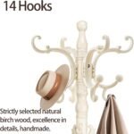 Coat Rack Freestanding, Wooden Coat Tree with Stable Round Base, Vintage Heavy Duty Coat Rack Stand with 14 Hooks, Coat Hanger Stand for Bedroom, Office, Entryway (Ivory) - Image 2