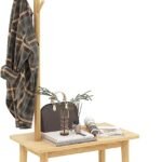 Coat Rack with End Table, Solid Wood Coat Tree with 2-in-1 Side Table & 4 Hooks for Hats, Bags & Coats, Freestanding Hanger Stand Hall Tree for Entryway, Bedroom, Living Room (Natural)