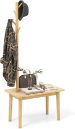 Coat Rack with End Table, Solid Wood Coat Tree with 2-in-1 Side Table & 4 Hooks for Hats, Bags & Coats, Freestanding Hanger Stand Hall Tree for Entryway, Bedroom, Living Room (Natural)