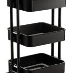 3 Tier Mesh Utility Cart, Rolling Metal Organization Cart with Handle and Lockable Wheels, Multifunctional Storage Shelves for Kitchen Living Room Office Black