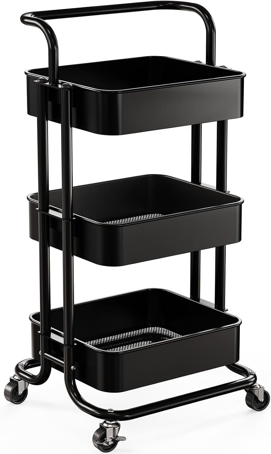 61RAgsVBn1L._AC_SL1500_.jpg 3 Tier Mesh Utility Cart, Rolling Metal Organization Cart with Handle and Lockable Wheels, Multifunctional Storage Shelves for Kitchen Living Room Office Black - Image 1
