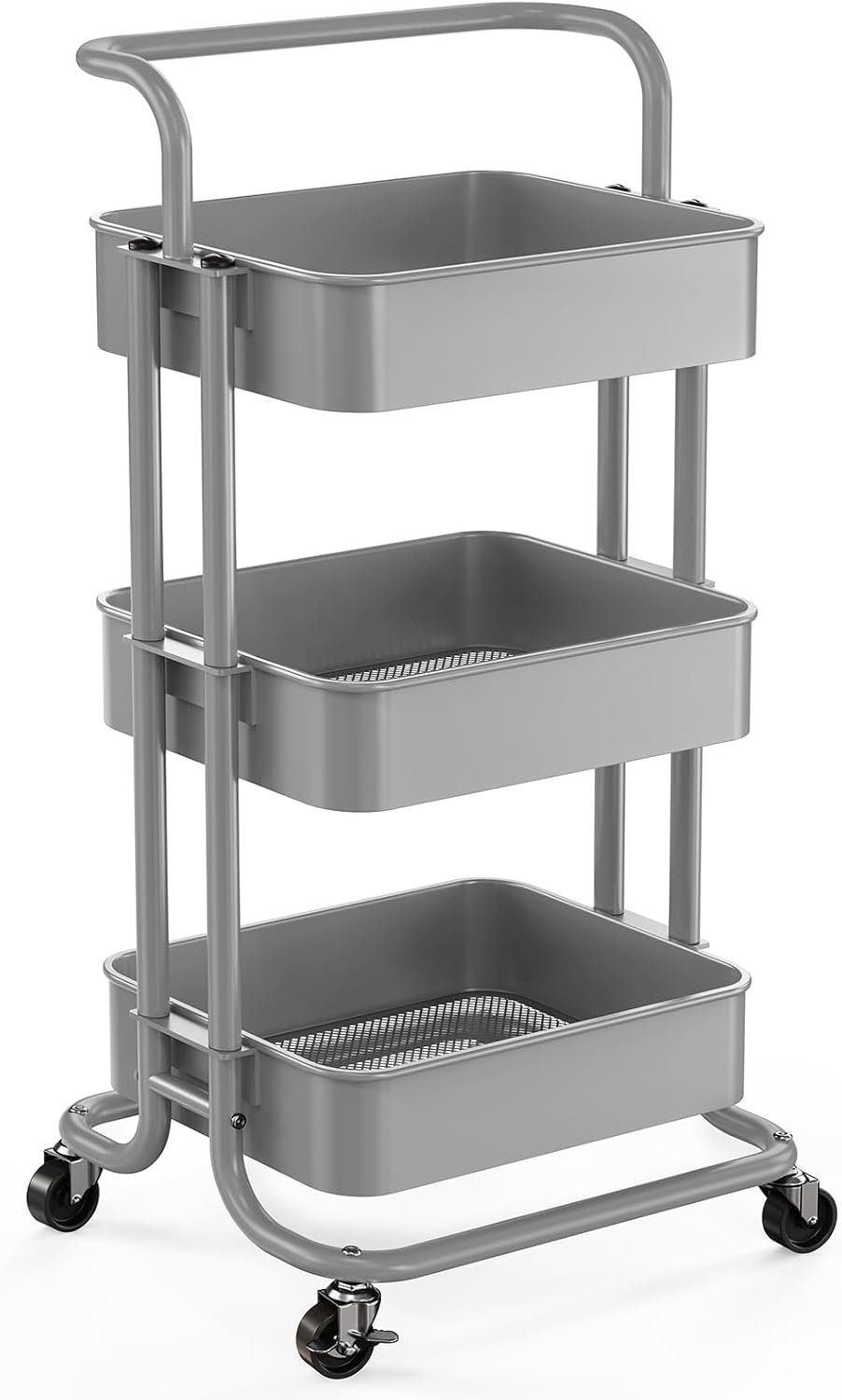 61TakL2ZL._AC_SL1500_.jpg 3 Tier Mesh Utility Cart, Rolling Metal Organization Cart with Handle and Lockable Wheels, Multifunctional Storage Shelves for Kitchen Living Room Office Grey - Image 1