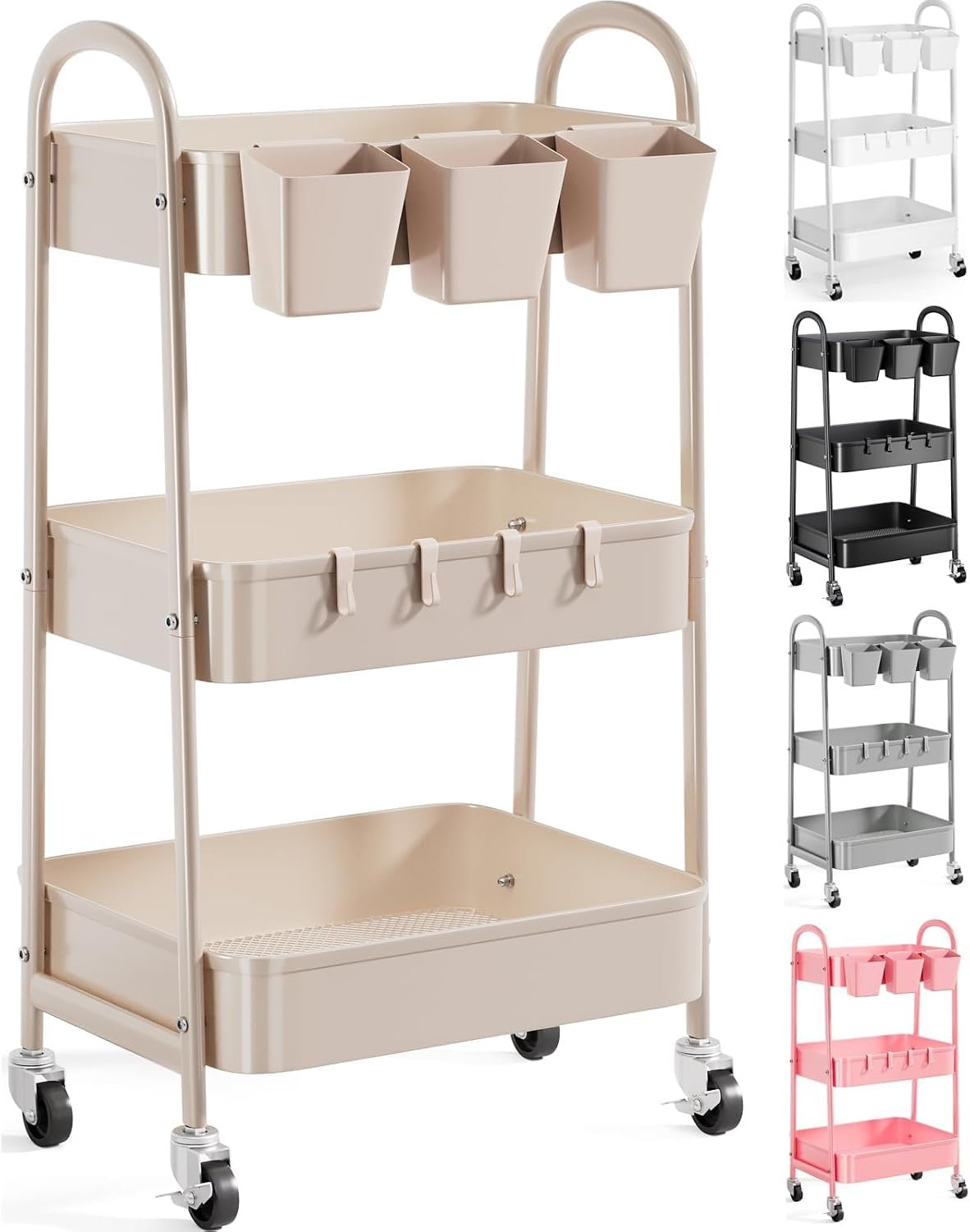 61Toz3t9UWL._AC_SL1500_.jpg 3 Tier Khaki Metal Utility Rolling Cart, Storage Cart with Handle and Lockable Wheels, Multifunctional Organizer Trolley with Mesh Storage Baskets for Kitchen, Office, Living Room, Laundry, Garage - Image 1