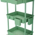 3 Tier Rolling Utility Cart with Drawer,Rolling Storage Cart,Storage Cart for Kitchen,Bathroom,Living Room, Organizer with Iron Wheels(Green)