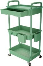 3 Tier Rolling Utility Cart with Drawer,Rolling Storage Cart,Storage Cart for Kitchen,Bathroom,Living Room, Organizer with Iron Wheels(Green)