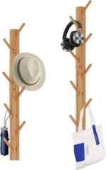 2-Pack Wood-Wall-Mounted-Coat-Hooks, Bamboo Vertical Coats Rack Holder Hanger with 8 Hooks Entryway Hanging Wooden Racks for Hanging Jacket Coat Hat in Entryway Office Bathroom(Natural)