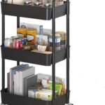 3-Tier Plastic Rolling Utility Cart with Handle, Multi-Functional Storage Trolley for Office, Living Room, Kitchen, Movable Storage Organizer with Wheels, Black