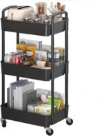 3-Tier Plastic Rolling Utility Cart with Handle, Multi-Functional Storage Trolley for Office, Living Room, Kitchen, Movable Storage Organizer with Wheels, Black