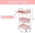 3 Tier Rolling Utility Cart with Drawer,Storage Cart,Rolling Cart for Kitchen,Bathroom,Living Room,Storage Organizer with Iron Wheels（Pink - Image 2