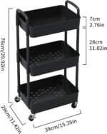 3-Tier Plastic Rolling Utility Cart with Handle, Multi-Functional Storage Trolley for Office, Living Room, Kitchen, Movable Storage Organizer with Wheels, Black - Image 2