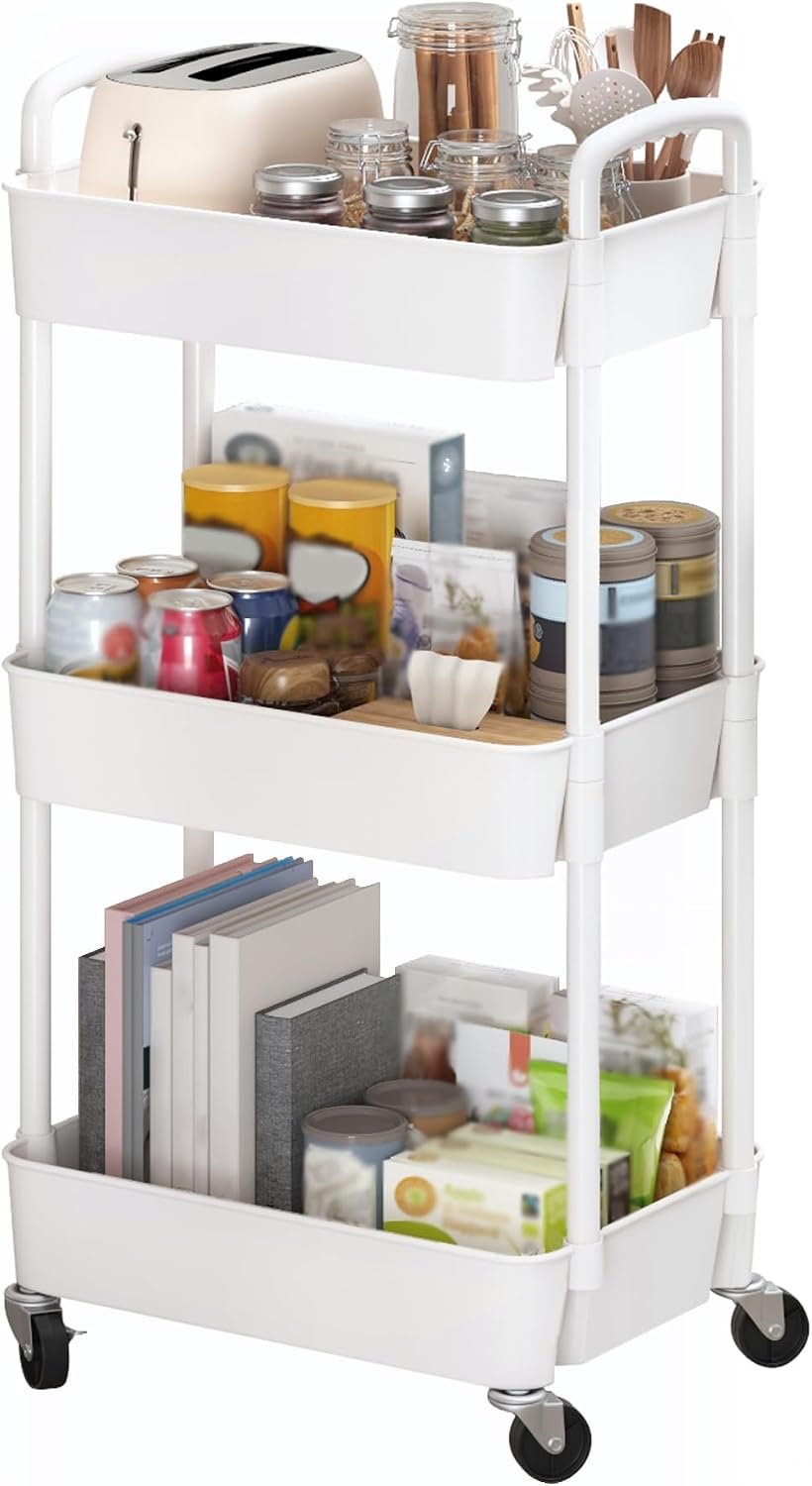 61eDcU2KNlL._AC_SL1500_.jpg 3-Tier Plastic Rolling Utility Cart with Handle, Multi-Functional Storage Trolley for Office, Living Room, Kitchen, Movable Storage Organizer with Wheels, White - Image 1