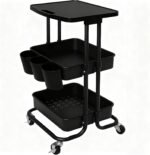 3 Tier Rolling Cart with Table Top, Black Metal Utility Storage Organizer Carts with Hanging Cups and Hooks, Multifunctional Mobile Cart with Casters for Small Spaces, Classroom,Offices,Dorm