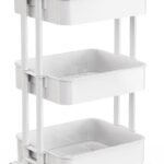 3 Tier Mesh Utility Cart, Rolling Metal Organization Cart with Handle and Lockable Wheels, Multifunctional Storage Shelves for Kitchen Living Room Office White