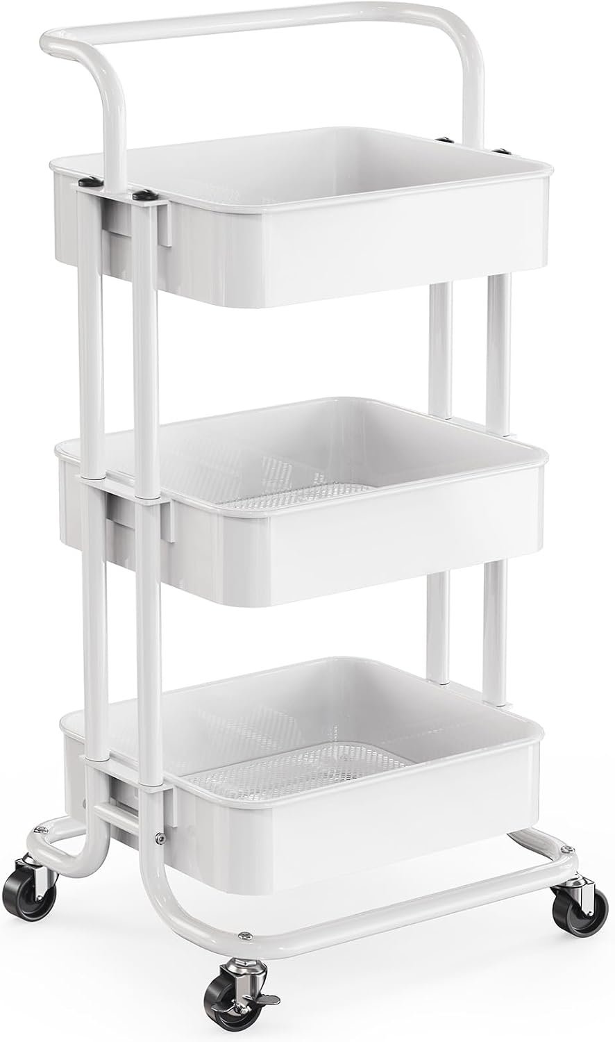 61vLwoQHP6L._AC_SL1500_.jpg 3 Tier Mesh Utility Cart, Rolling Metal Organization Cart with Handle and Lockable Wheels, Multifunctional Storage Shelves for Kitchen Living Room Office White - Image 1