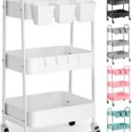 3 Tier Heavy Duty White Metal Rolling Cart with Lockable Wheels, Three Tier Roller Book Snack Cart, Utility Storage Organizer Carts for Kitchen, Bathroom, Garage, Baby Diaper, Craft, Art, Teacher