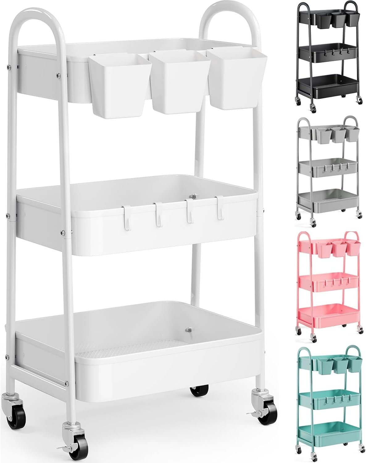 61xmX6zzxZL._AC_SL1500_.jpg 3 Tier Heavy Duty White Metal Rolling Cart with Lockable Wheels, Three Tier Roller Book Snack Cart, Utility Storage Organizer Carts for Kitchen, Bathroom, Garage, Baby Diaper, Craft, Art, Teacher - Image 1