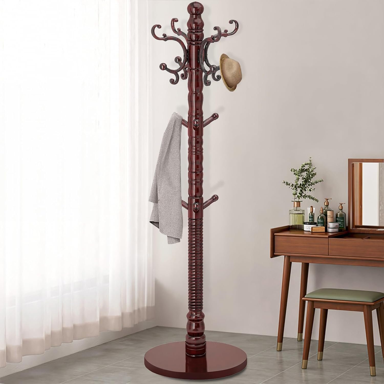 61ymDwSiyL._AC_SL1500_.jpg Wood Coat Rack Stand, Wooden Coat Rack Freestanding with Sturdy Round Base, Coat Racks with 14 Hooks, Natural Birch Wood Entryway Coat Tree Hanger Stand Easy to Assemble - Image 1