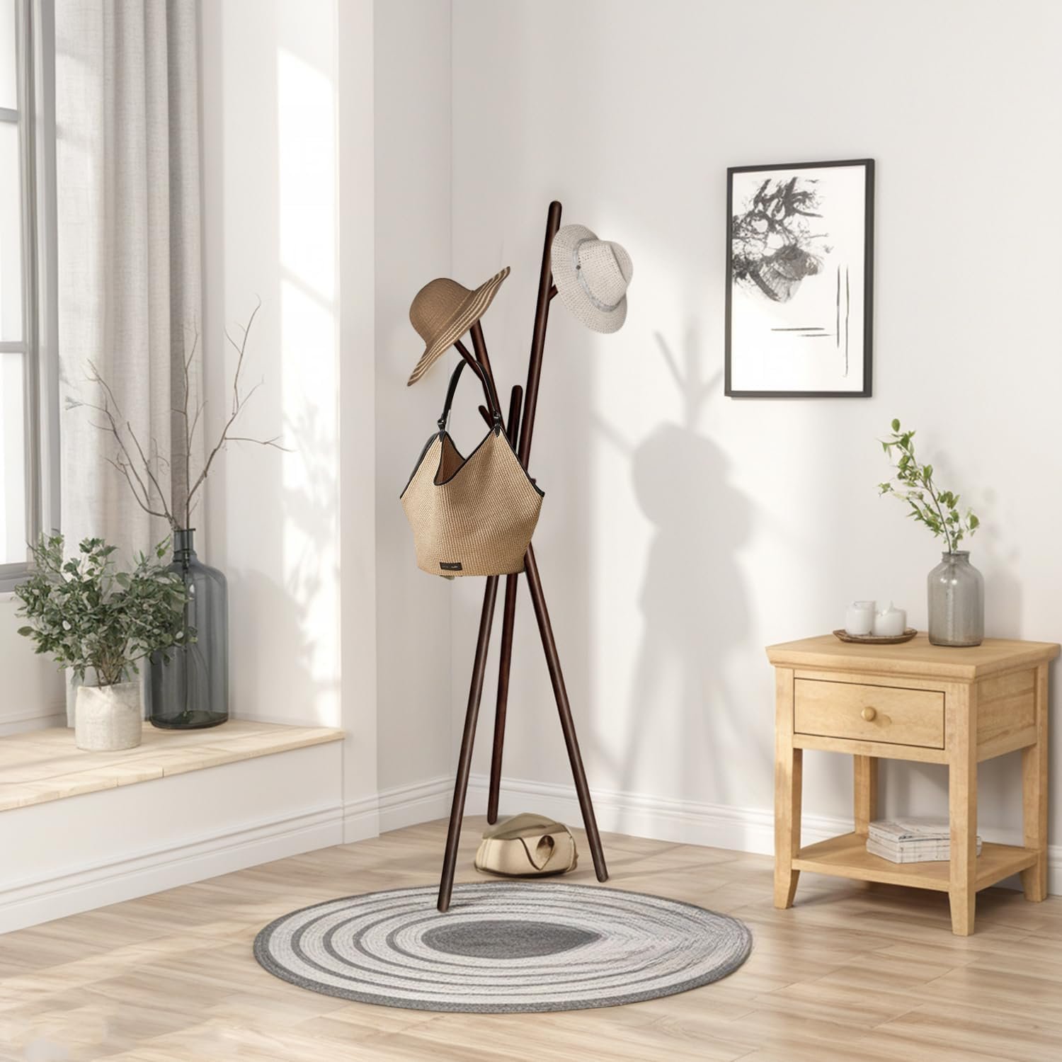 7126JHgGtLL._AC_SL1500_.jpg Solid Wood Coat Rack, Freestanding Clothes Tree with 6 Hooks, Houseware Standing Coat and Hat Hanger Organizer Rack, Clothes Tree Stand, Simple Assembly for Bedroom, Hallway, Office, Brown - Image 1