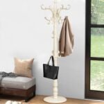 Coat Rack Freestanding, Wooden Coat Tree with Stable Round Base, Vintage Heavy Duty Coat Rack Stand with 14 Hooks, Coat Hanger Stand for Bedroom, Office, Entryway (Ivory)
