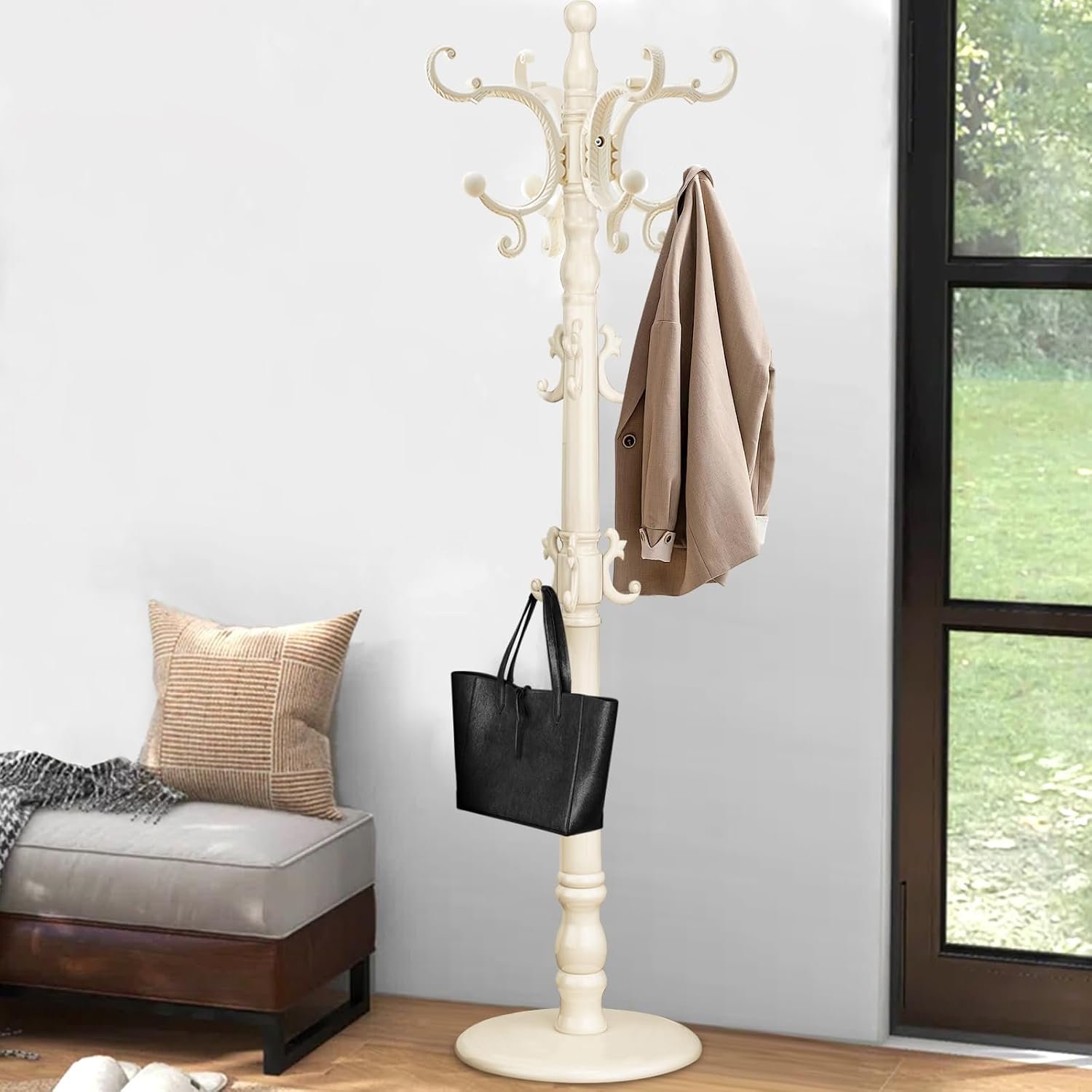 713zu5bdVL._AC_SL1500_.jpg Coat Rack Freestanding, Wooden Coat Tree with Stable Round Base, Vintage Heavy Duty Coat Rack Stand with 14 Hooks, Coat Hanger Stand for Bedroom, Office, Entryway (Ivory) - Image 1