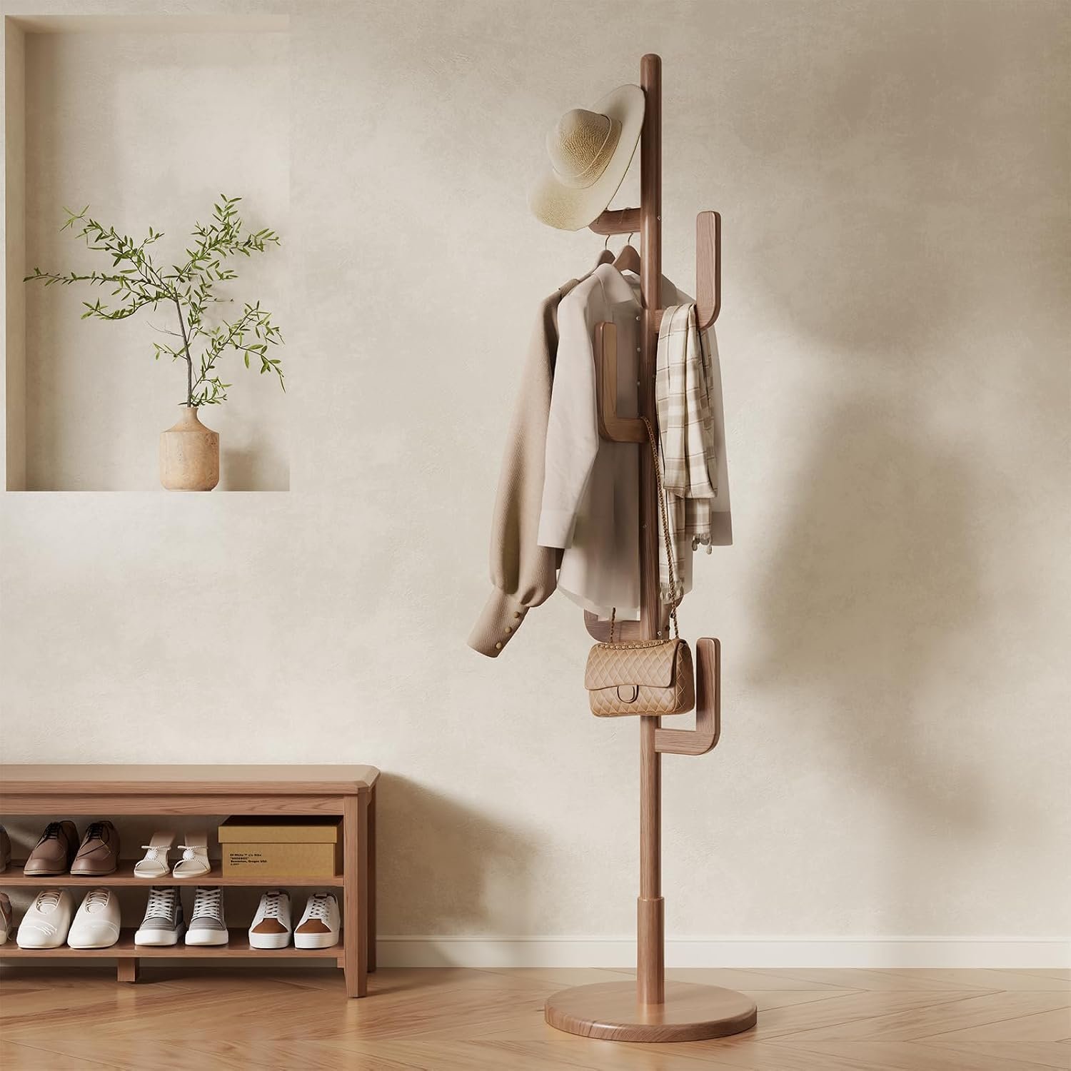 715ZCjneG0L._AC_SL1500_.jpg Solid Wood Cactus Coat Rack, Freestanding Coat Rack With 6 L-Shaped Hooks and 3 Adjustable Sizes, Coat Tree for Bedroom, Entryway, Livingroom, Coat Hanger Stand for Coats, Handbags (Walnut) - Image 1