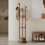 Solid Wood Rotary Coat Rack, Freestanding Coat Rack with 3 Shelves and 9 Hooks, Coat tree for Bedroom, Entryway, Livingroom, Coat Hanger Stand for Coats, Scarves, Handbags (Walnut)