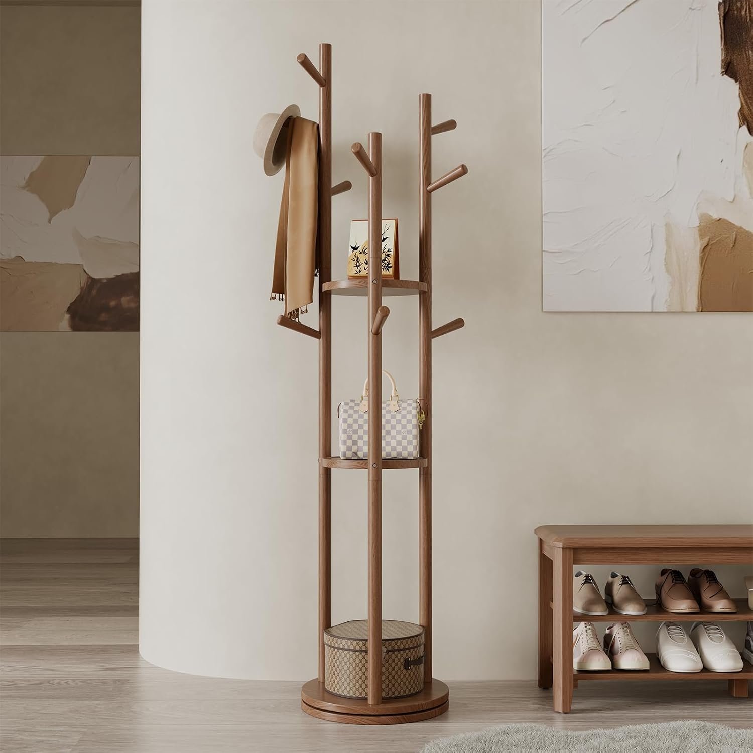 719JQ2dAkoL._AC_SL1500_.jpg Solid Wood Rotary Coat Rack, Freestanding Coat Rack with 3 Shelves and 9 Hooks, Coat tree for Bedroom, Entryway, Livingroom, Coat Hanger Stand for Coats, Scarves, Handbags (Walnut) - Image 1