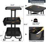 3 Tier Rolling Cart with Table Top, Black Metal Utility Storage Organizer Carts with Hanging Cups and Hooks, Multifunctional Mobile Cart with Casters for Small Spaces, Classroom,Offices,Dorm - Image 2