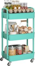 3-Tier Plastic Rolling Utility Cart with Handle, Multi-Functional Storage Trolley for Office, Living Room, Kitchen, Movable Storage Organizer with Wheels, Green