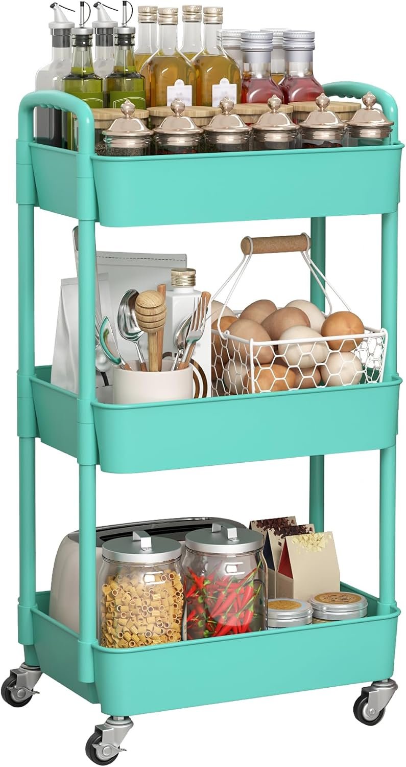 71E3viMjH7L._AC_SL1500_.jpg 3-Tier Plastic Rolling Utility Cart with Handle, Multi-Functional Storage Trolley for Office, Living Room, Kitchen, Movable Storage Organizer with Wheels, Green - Image 1