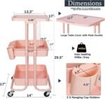 3 Tier Pink Rolling Cart with Table Top, Utility Carts with Organzier Cups & Hooks, Multi-Functional Rolling Table Cart with Wheels, Metal Frame with Plasitc Trays, Storage Carts for Office,Classroom - Image 2