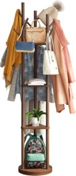 Rotary Coat Rack Stand with 8 Hooks, Bamboo Wood Coat Tree for Clothes/Bags/Hats, Large Coat Rack Freestanding for Entryway (Brown_triangle)