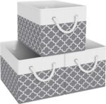 Storage Bins [3-Pack], Foldable Storage Baskets for Organizing Toys, Books, Shelves, Closet, Large Storage Box with Rope Handles, Sturdy Organizer Bins,Clover Grey