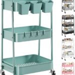 3 Tier Green Metal Rolling Cart with Lockable Wheels and Handle, 3 Tiered Utility Storage Organizer Carts for Teachers, Arts, Craft, Snack, Book, Bedside, Nursery, Cleaning Supplies, Easy Assembly