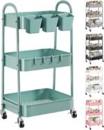 3 Tier Green Metal Rolling Cart with Lockable Wheels and Handle, 3 Tiered Utility Storage Organizer Carts for Teachers, Arts, Craft, Snack, Book, Bedside, Nursery, Cleaning Supplies, Easy Assembly