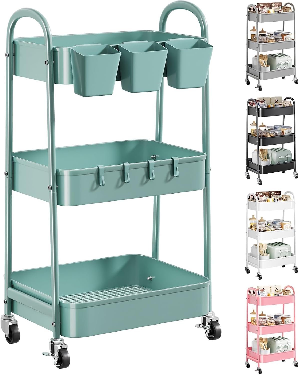71Z27Se1i9L._AC_SL1500_.jpg 3 Tier Green Metal Rolling Cart with Lockable Wheels and Handle, 3 Tiered Utility Storage Organizer Carts for Teachers, Arts, Craft, Snack, Book, Bedside, Nursery, Cleaning Supplies, Easy Assembly - Image 1
