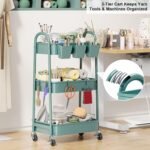 3 Tier Green Metal Rolling Cart with Lockable Wheels and Handle, 3 Tiered Utility Storage Organizer Carts for Teachers, Arts, Craft, Snack, Book, Bedside, Nursery, Cleaning Supplies, Easy Assembly - Image 2