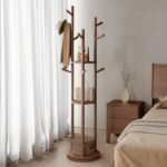 Solid Wood Rotary Coat Rack, Freestanding Coat Rack with 3 Shelves and 9 Hooks, Coat tree for Bedroom, Entryway, Livingroom, Coat Hanger Stand for Coats, Scarves, Handbags (Walnut) - Image 2