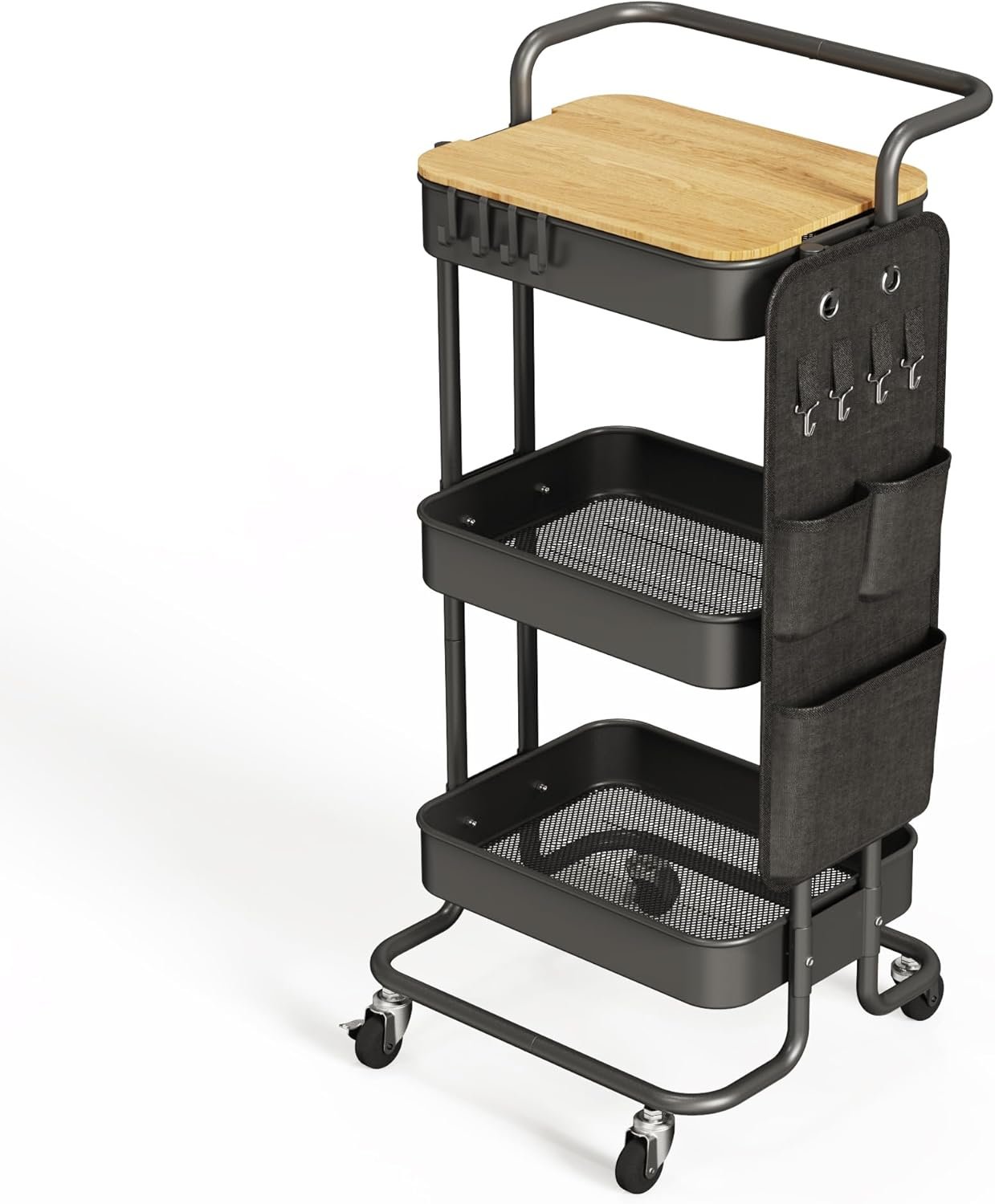 71ojluHd4LL._AC_SL1500_.jpg 3 Tier Metal Utility Rolling Cart with Table Top and Side Bags, Tray Storage Organizer Wheels, Art Craft 4 Hooks for Kitchen Bathroom Office Living Room (Black) - Image 1