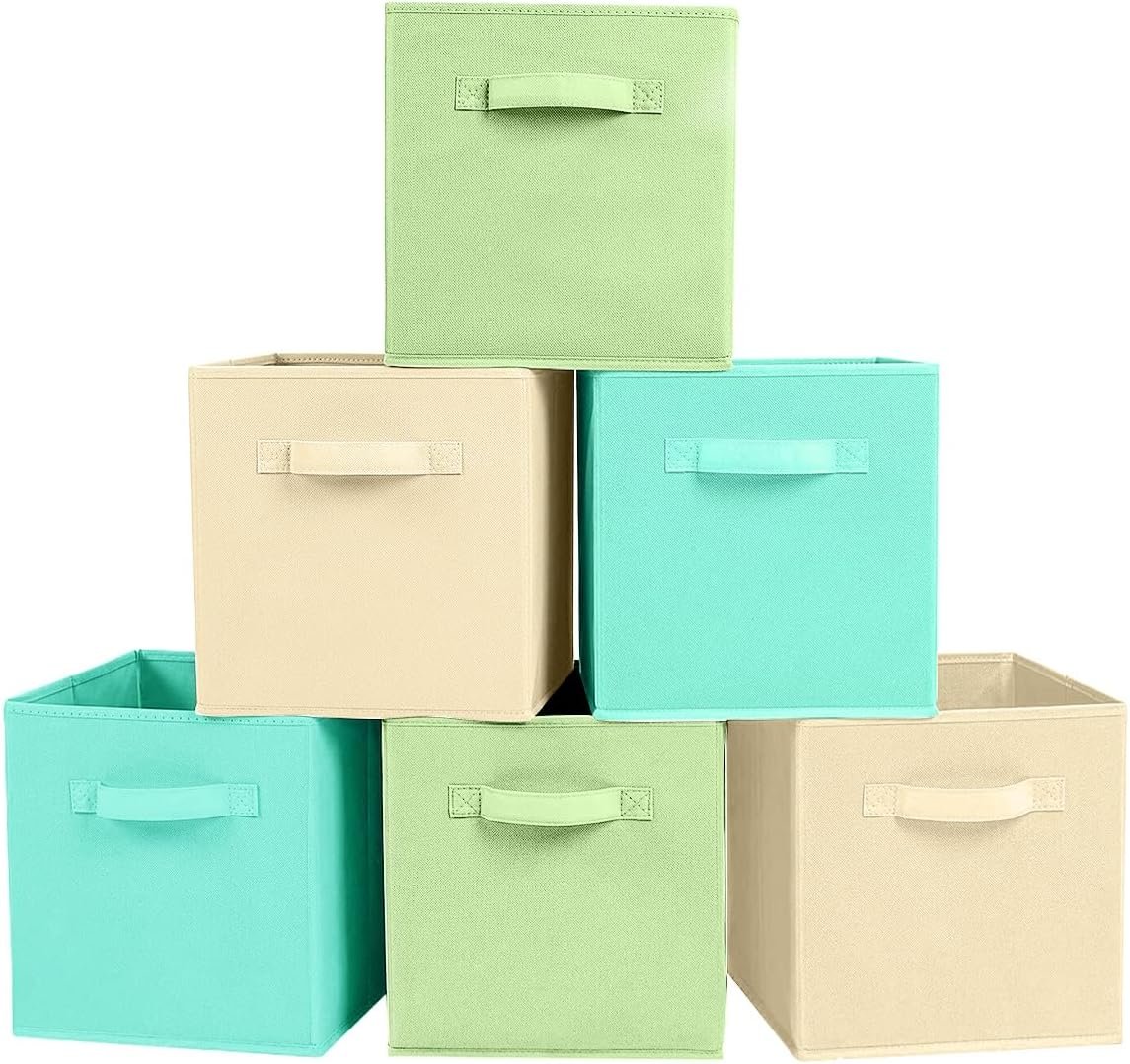 71omN23FoL._AC_SL1200_.jpg Storage Bins, Foldable Fabric Storage Cubes And Cloth Storage Organizer Drawer For Closet And Toys Storage, 6 Pack (Beige+Green+Mint Green) - Image 1