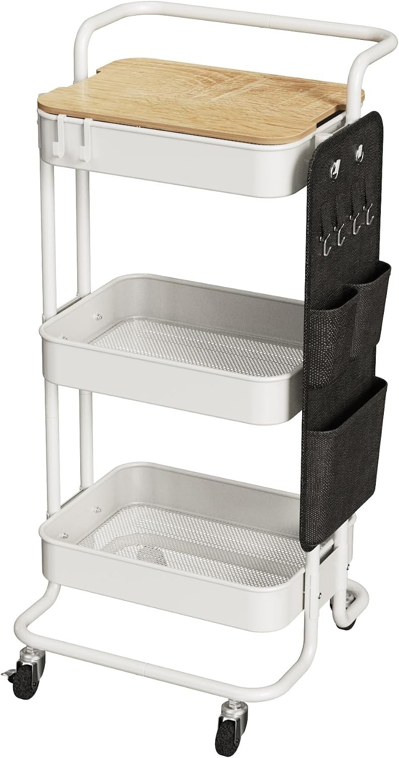 71sPRhJnG1L._AC_SL1500_.jpg 3 Tier Metal Utility Rolling Cart with Table Top and Side Bags, Metal Tray Storage Organizer Cart with Wheels, Art Craft Cart with 4 Hooks for Kitchen Bathroom Office Living Room (White) - Image 1