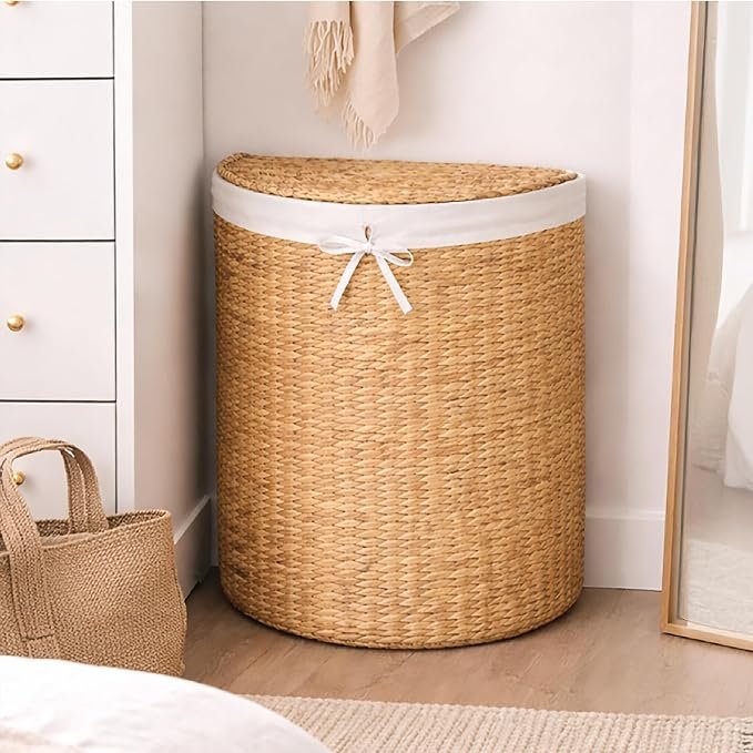 819lplAwBTL._AC_SX679_.jpg Half-moon woven laundry basket with lid, includes removable lining and handle, suitable for bathroom or bedroom use, natural color - Image 1