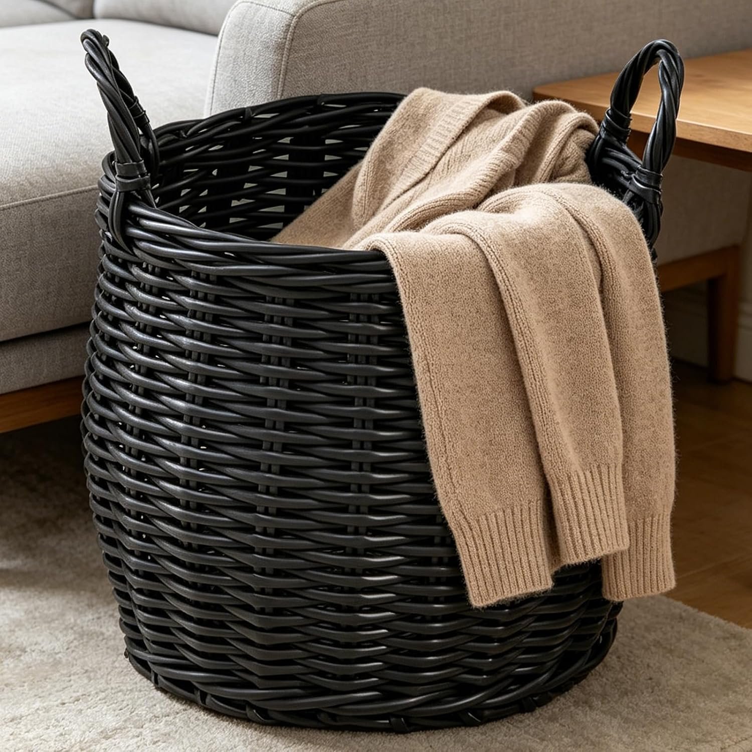 81C3tr20wxL._AC_SL1500_.jpg Round Woven Storage Basket with Handles, Black, 13" x 13" x 10.2" - Image 1